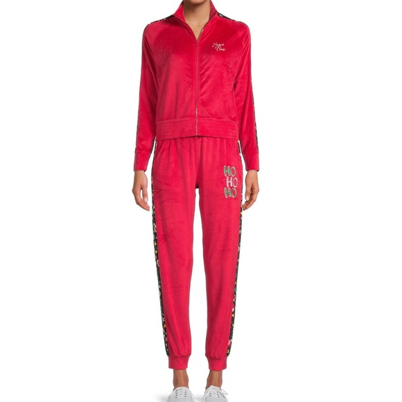 Red plush cozy velour sequin metallic embroidered jacket‎ joggers set size Small - Picture 2 of 13
